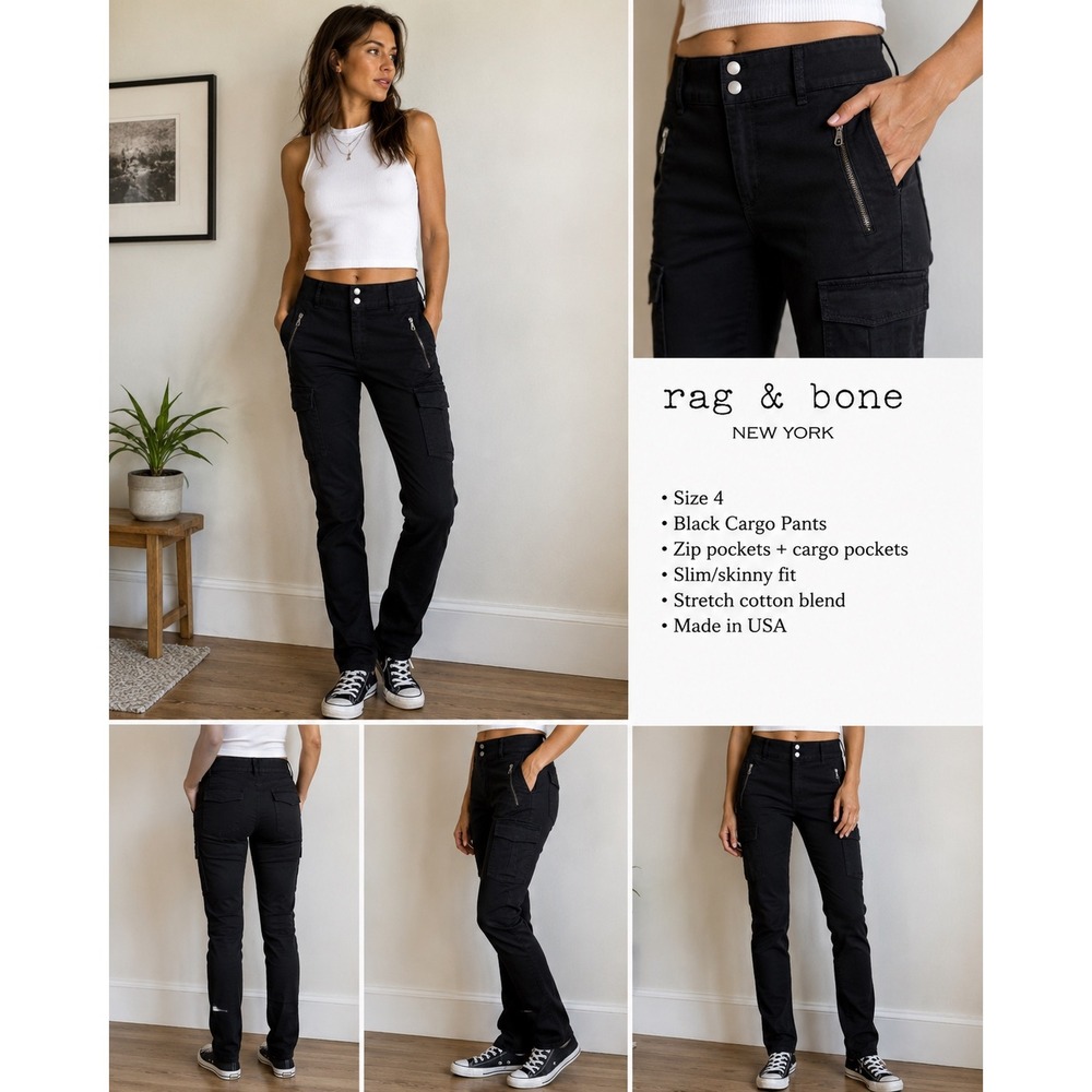 Rag & Bone Black Cargo Pants Slim Skinny Zip Pocket Stretch Cotton USA Size 4